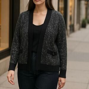 L’Agence Jinny Sequin Cardigan Black Metallic Knit Open Front Sweater